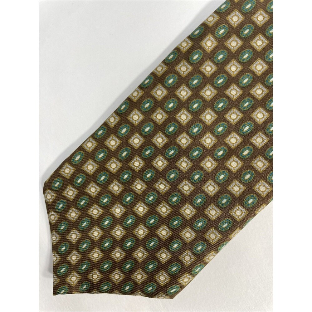 Britches Vintage 100% Silk Men’s Tie Tan Green Geometric Short Necktie 3” x 55”